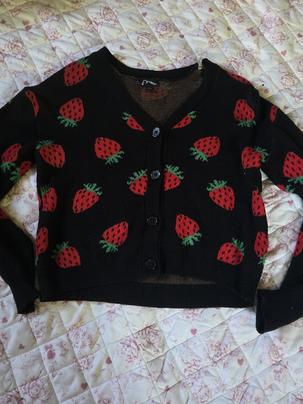 art class Black Cropped Cardigan with Red Strawberry Motif